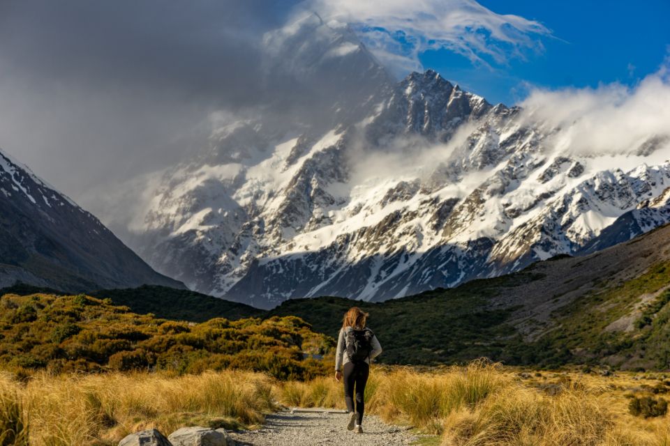 Viajera caminando hacia las montañas